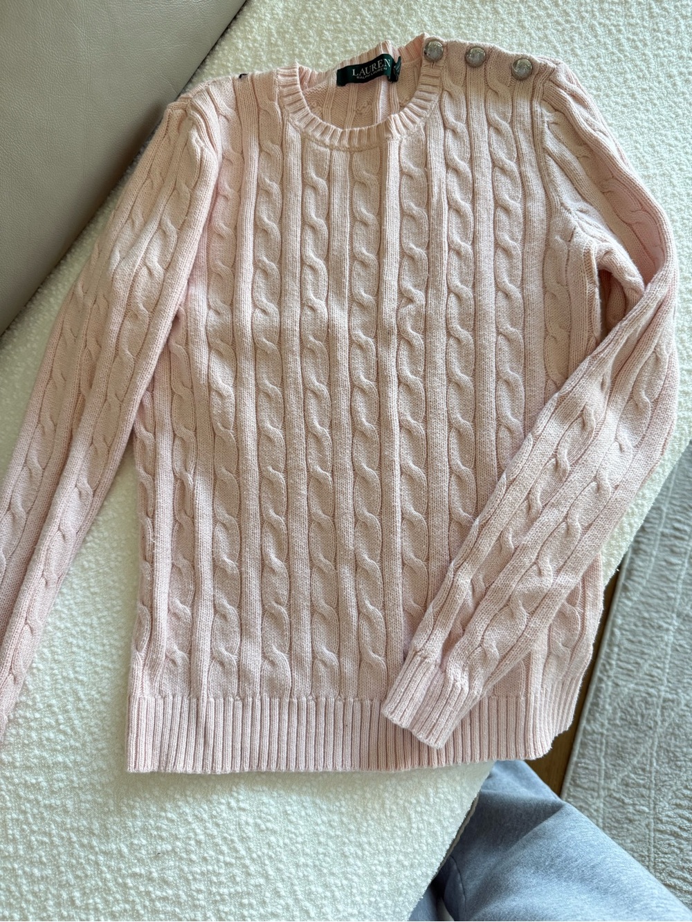 Ralph Lauren Light Pink Cable-Knit Crewneck Sweater with Shoulder Buttons